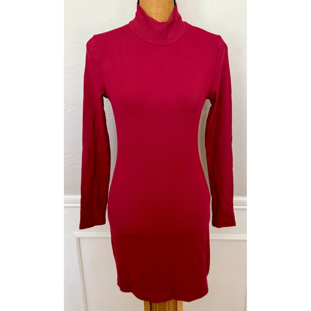Shetells Red Ribbed Mock Neck Long Sleeve‎ Bodycon Mini Dress Womens Size M NEW